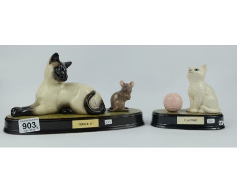 Beswick cat with mouse 'Watch It' (1678) and Cat figure 'Playtime' (2948 - both on ceramic bases (2)