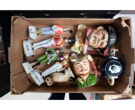 A good collection of pottery items to include Royal Doulton owls, Beswick and unmarked character jugs and 4 continental figur