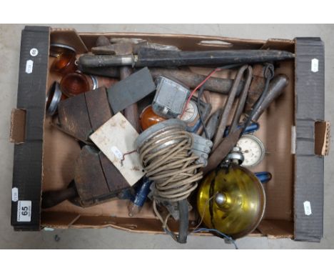 A collection of mixed vintage car parts , hand tools, lamps etc 