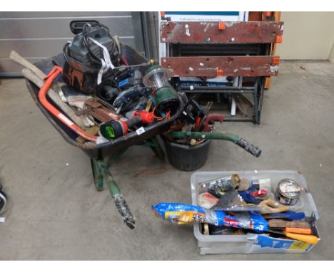 A collection of items from garage clearance to include hand tools, wheel barrow etc 