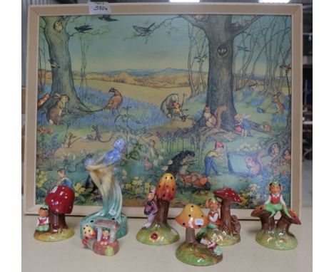 A good collection of Morley Pixes together with similar framed print and empire ware figure of a dancing lady(8)