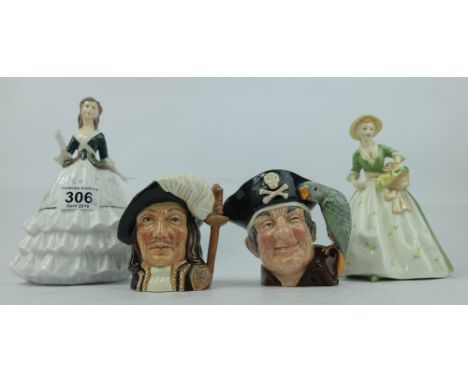 Royal Worcester figure Spring Morn, Debutante and Royal Doulton small character jugs Long John SIlver and Athos (4)  