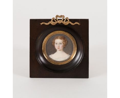 19th Century English School/Portrait of a Young Lady/head and shoulders, wearing a white dress/watercolour on ivory, 5cm diam