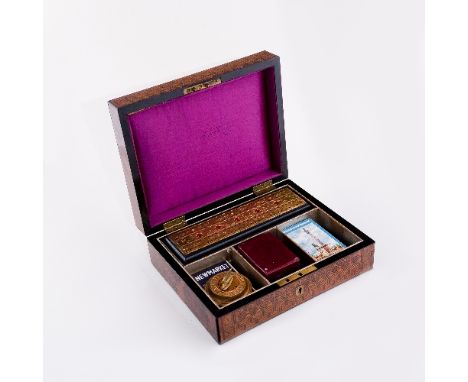 A mid 19th Century Tunbridge ware and walnut compendium, the cover inlaid five brass and enamel cards within a chequered and 