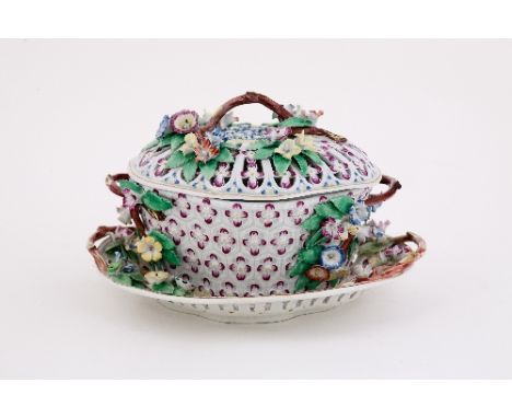 A Worcester chestnut basket, cover and stand, with twig handles terminating in applied flowerheads, the stand painted with a 