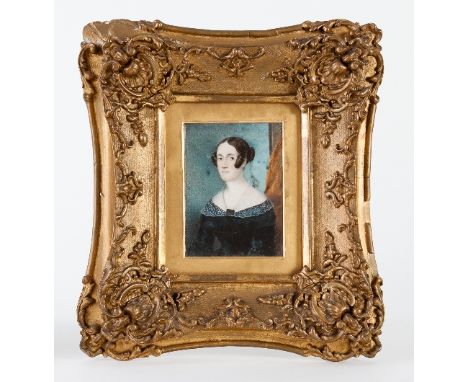 Mid 19th Century English School/Portrait of a Lady/half length, wearing a black dress with lace collar/watercolour on ivory, 