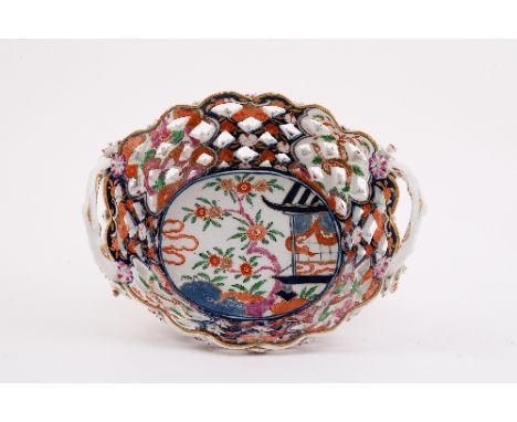 A Worcester two-handled oval basket, circa 1765, the interior with a pavilion in the Imari palette, the exterior with flowerh