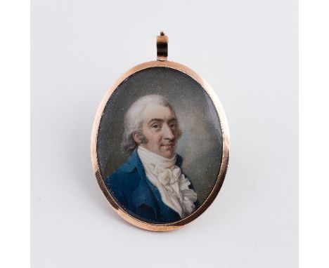 English School, circa 1795/Portrait of a Gentleman/head and shoulders, wearing a white cravat and blue coat/ornate hair arran