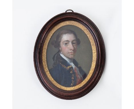 18th Century English School/Portrait of a Gentleman/head and shoulders, his hair tied in a ribbon, wearing a blue coat/oil on