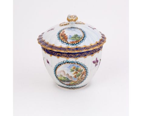 A Worcester sugar bowl and cover of Lord Henry Thynne type, the ribbed body painted with flowers and landscape panels, circa 