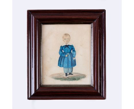 19th Century English School/Portrait of a Young Boy/wearing blue/watercolour, 13cm x 10.5cm