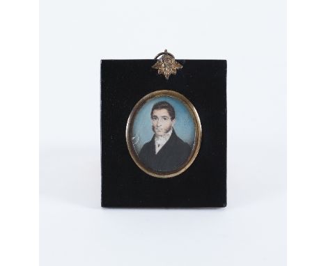 19th Century English School, circa 1850/Portrait of a Gentleman/head and shoulders, wearing black/watercolour on ivory, 5.5cm