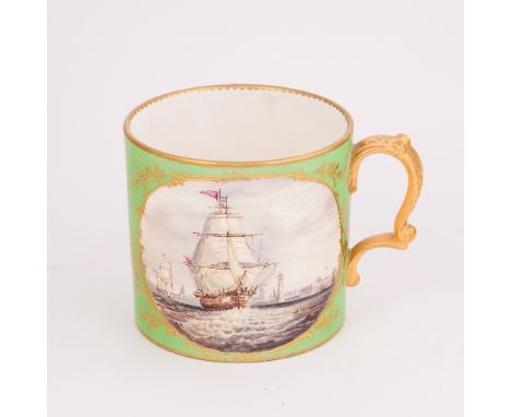 An English porcelain green ground mug, circa 1800, probably Derby and painted by George Robertson, with a fine maritime scene