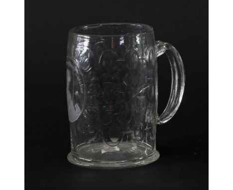 A Georgian cut glass tankard with oval portrait inscribed 'God Bless Queen Caroline', 17cm high Condition Report: Has a large