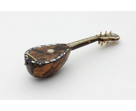 A 19th Century tortoiseshell and ivory mounted miniature lute, with mother-of-pearl borders, 20cm long