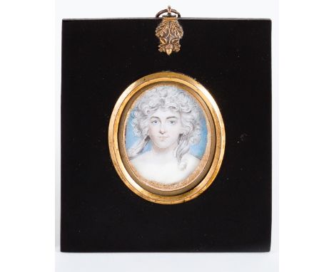 18th Century English School/Portrait of a Young Lady/head and shoulders, with curly, powdered hair/watercolour, 6cm x 4.5cm/i