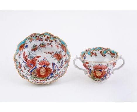 A Worcester 'jabberwocky' pattern two-handled chocolate cup and saucer, circa 1765 Condition Report: 468  -  Cup with one sma