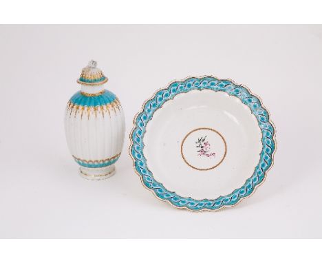A Worcester ribbed oviform tea canister and a plate, with turquoise borders, circa 1780 Condition Report: Canister with heavi
