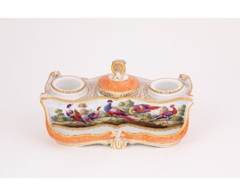 A Worcester (Barr) inkstand, circa 1810, painted with exotic birds, the apricot ground gilt with dots and stars, 23cm wide