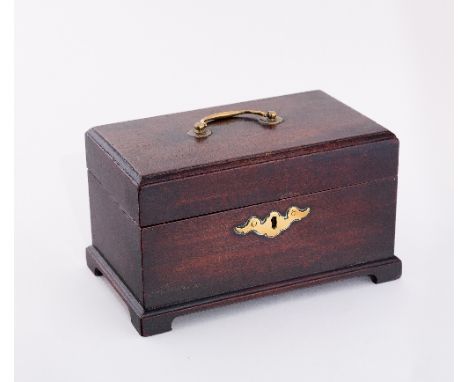 A George III mahogany rectangular tea caddy with brass handle to the top and escutcheon plate to the front, on bracket feet, 