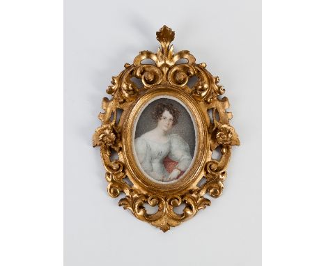 19th Century English School, circa 1820/Portrait of a Young Lady/half length, seated wearing a white dress with mutton chop s