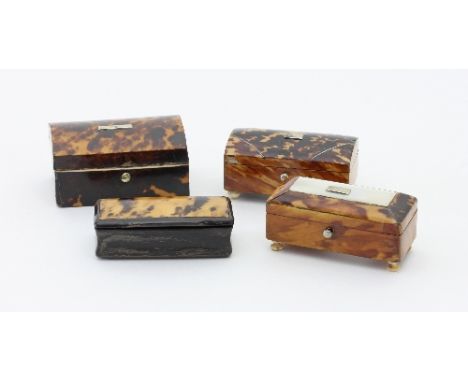 Three tortoiseshell miniature boxes and a horn mounted snuff box