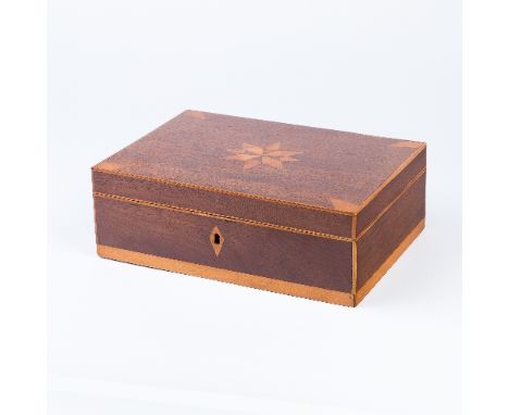 A Regency mahogany button box, the hinged cover inlaid a star, fitted a later interior, 26cm wide