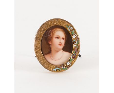 19th Century Continental School/Portrait of a Lady/head and shoulders wearing pearls/watercolour on porcelain, 5.5cm x 4.25cm