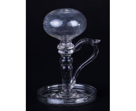 A lacemaker's late 18th Century lamp with flat spherical shade, baluster stem, C scroll handle and circular tray base, 14cm h
