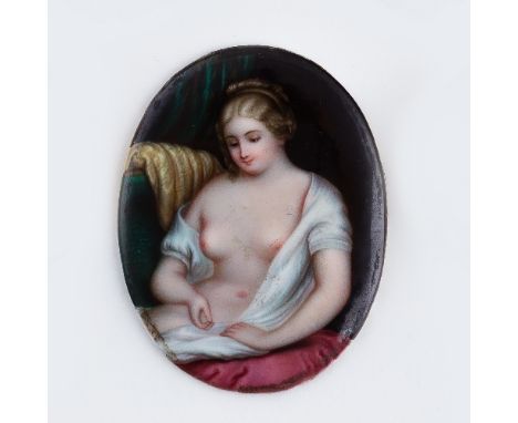 Late 19th Century School/Portrait of a Semi-Naked Woman/seated on a pink cushion/painted on porcelain, oval, 7.5cm x 5.5cm