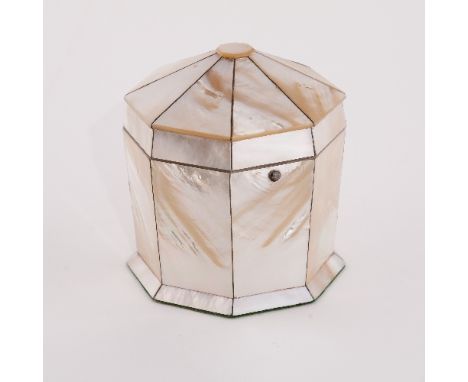 A Regency mother-of-pearl octagonal tea caddy, with tapered dome cover and sides, the interior with lidded compartment, on a 