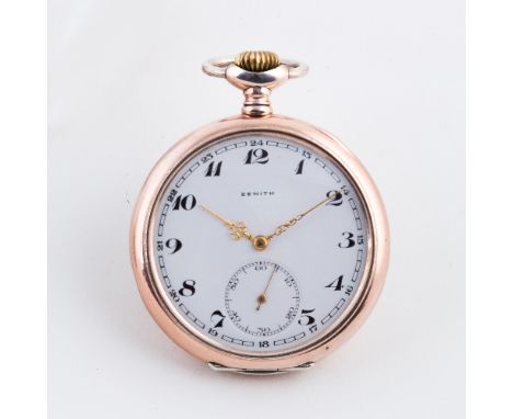 A Zenith open-faced pocket watch, the white enamel dial with Arabic numerals, the movement cover signed and with medallions, 