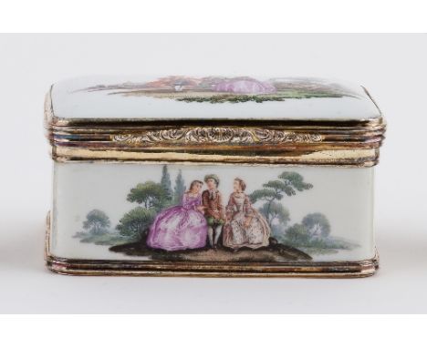 A German porcelain rectangular snuff box, perhaps Furstenberg circa 1770, the silver mounts J L, London 1824, the hinged lid 