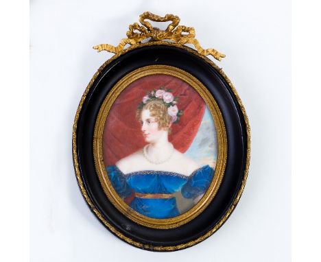 Early 19th Century English School/Portrait of a Young Lady/half length, wearing roses in her hair, pearls and a blue dress/wa