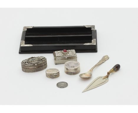 A miniature tray with silver mounts, 12cm wide, a silver box, three other boxes, a trowel book mark with agate handle and a s