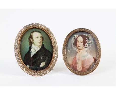 Kettelier, 19th Century/Portrait of a Gentleman in a Black Coat/signed/Portrait of a Lady in a Lace Bonnet/watercolour on ivo