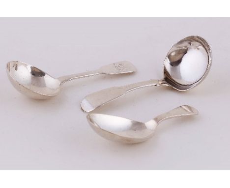 A William IV silver caddy spoon, JB, London 1833, of fiddle pattern and two other caddy spoons