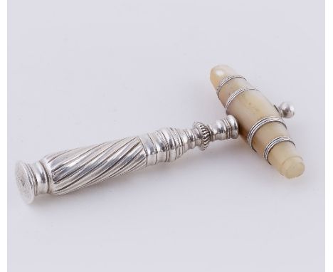 A silver cased corkscrew with mother-of-pearl handle, illegible maker's mark only, the screw-on cover of spirally fluted form