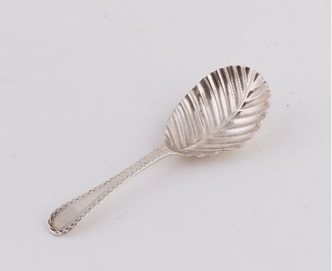 A George III silver caddy spoon, Richard Crossley, London 1782, with bright cut stem and leaf shaped bowl