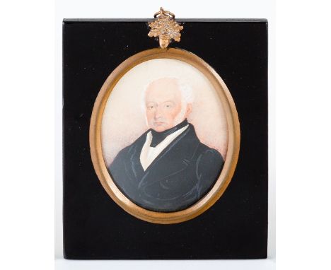 19th Century English School/Portrait of a Gentleman/wearing a black coat/watercolour on paper, 10.5cm x 8cm/in a black papier