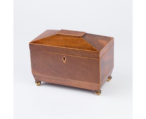 A Regency mahogany sarcophagus shaped tea caddy, on four acanthus clad ball feet, the interior fitted two lidded compartments