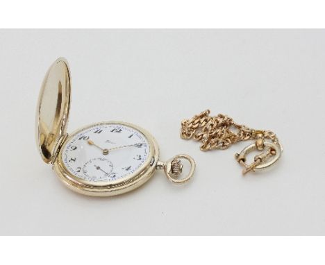 A Primo hunter pocket watch in gold filled case, the white enamel dial with Arabic numerals, with a gold filled watch chain
