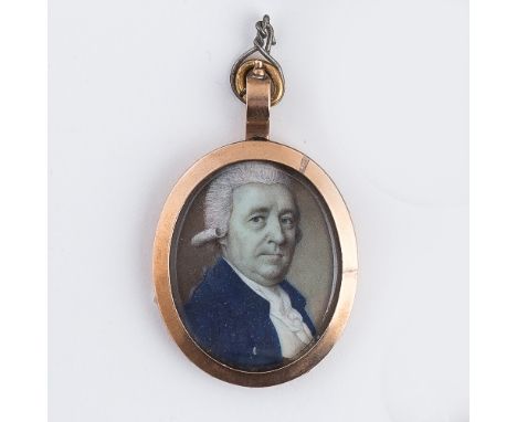 18th Century English School/Portrait of a Gentleman/head and shoulders with grey wig and blue coat/oval watercolour on ivory,
