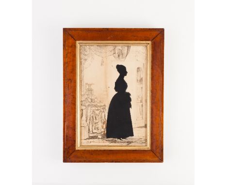 Augustin Edouart/Portrait Silhouette of a Young Lady/full length, standing in an elegant hallway/signed Aug Edouart 1838/blac