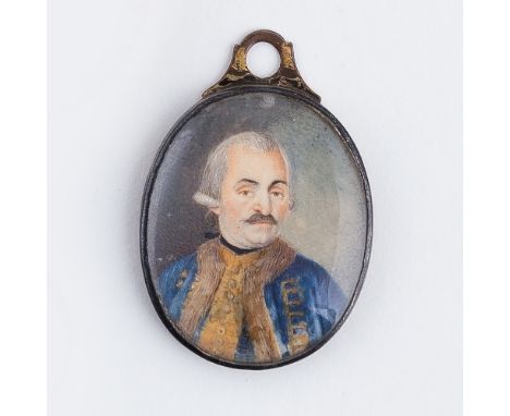 18th Century Continental School/Portrait of an Officer/head and shoulders, wearing a fur lined blue uniform/oval watercolour 