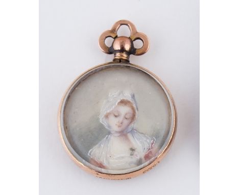 19th Century French School/Portrait of a Young Lady/head and shoulders/watercolour on ivory, 2cm diameter/in a gold pendant