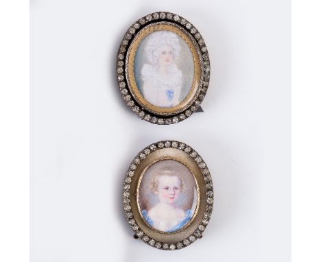 19th Century English School/Portrait of a Child/head and shoulders, wearing white with a blue sash/watercolour on ivory, 4.3c