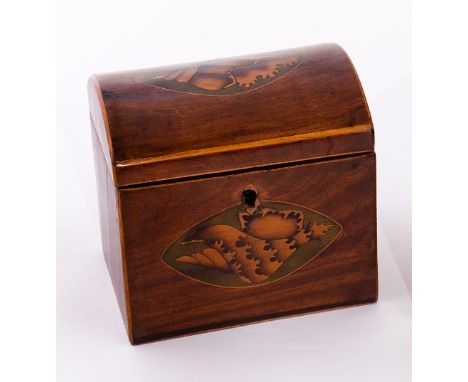 A late 18th Century walnut tea caddy, the dome top and front inlaid a shell with zinc lined interior, 12cm wide