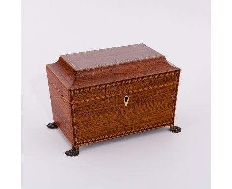 A Regency rosewood sarcophagus shaped tea caddy, the cover and front cross banded, fitted two lidded compartments to the inte