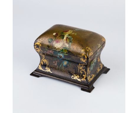 A Victorian papier-mâché tea caddy by Jennens & Bettridge, of sarcophagus shape painted arrangements of summer flowers within